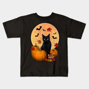 Black Cat Harvest Moon & Pumpin Halloween Kids T-Shirt